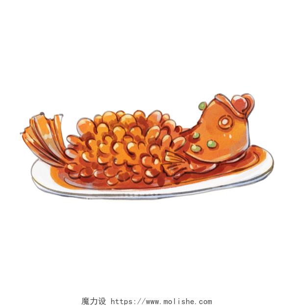 手绘水彩风苏州地标美食松鼠桂鱼插画元素PNG素材